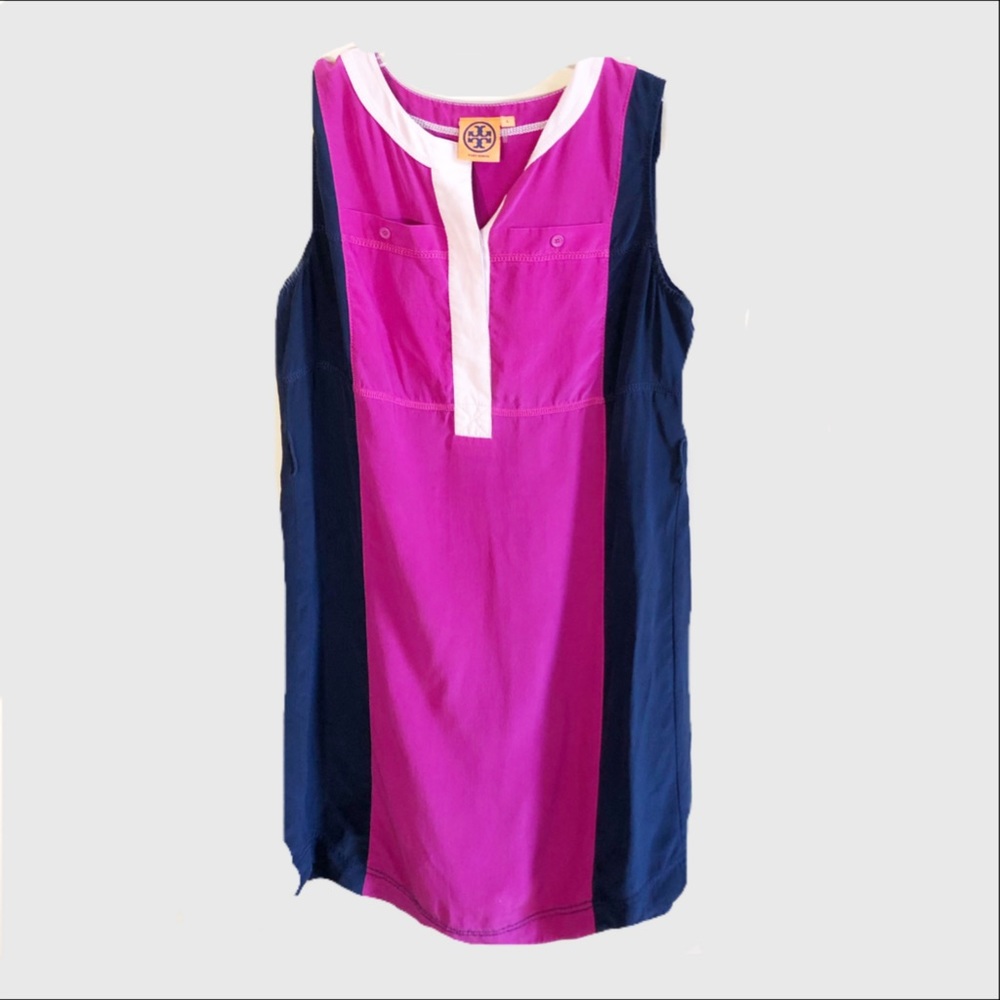 Tory Burch navy pink silk sleeveless shift dress